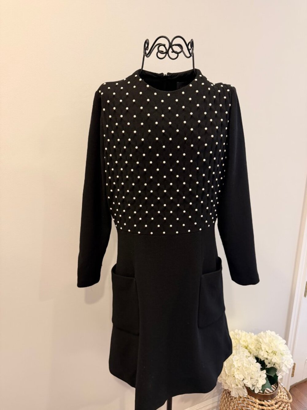 Lela Rose Black Pearl Embellished Holiday Cocktail Dress Long Sleeve Pockets 10